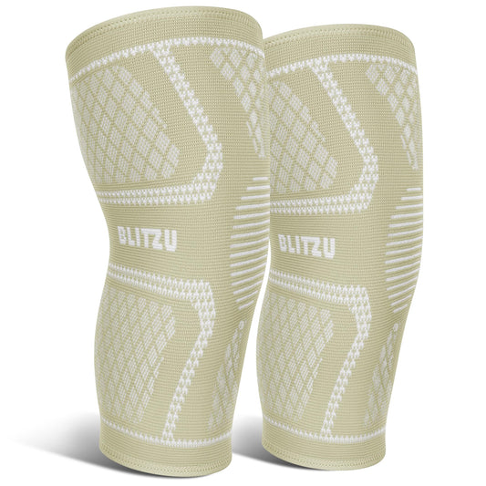 BLITZU rodillera frontal con empaque mostrando diseño y beneficios de soporte