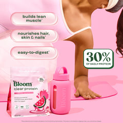 Bebida preparada Bloom Nutrition en vaso fría y refrescante después ejercicio