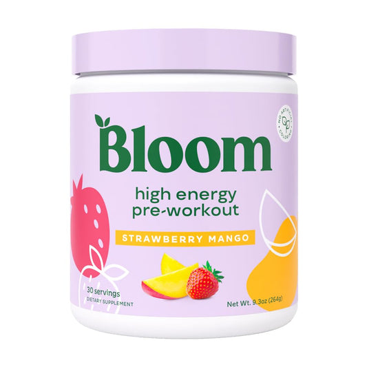 Bloom Nutrition frasco frontal mostrando etiqueta y sabor fresa mango, atractivo visual