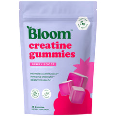 Bloom Nutrition envase frontal mostrando gomitas Berry Boost y conveniencia