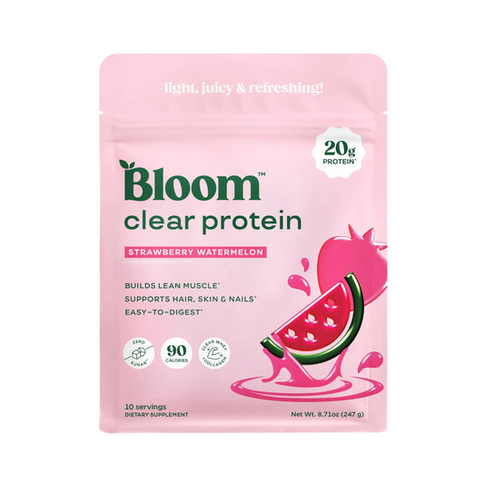 Bloom Nutrition envase frontal mostrando sabor fresa sandía y beneficios