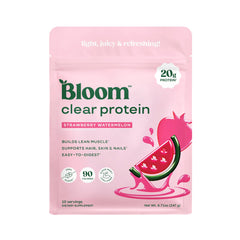 Bloom Nutrition envase frontal mostrando sabor fresa sandía y beneficios