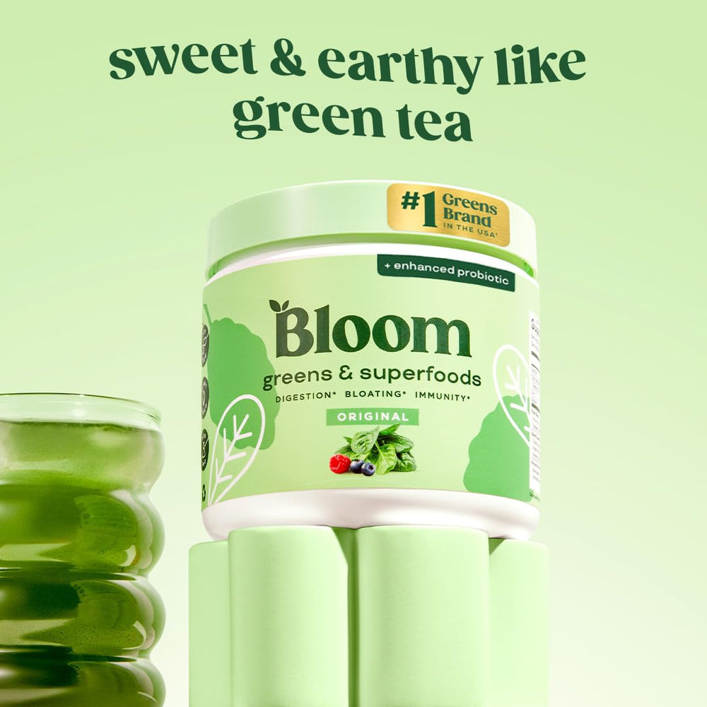 Bloom Nutrition polvo verde textura fina que facilita la mezcla