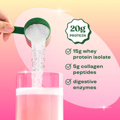 Comparación de tamaño Bloom Whey Clear al lado de mano, portátil y práctico