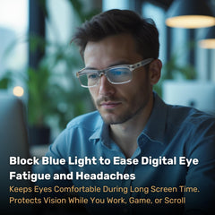 BLUE CUT gafas puestas frente a un monitor mejorando confort visual