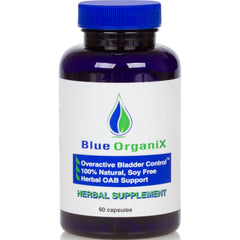 Blue Organix frasco frontal mostrando 60 cápsulas y etiqueta clara para soporte urinario