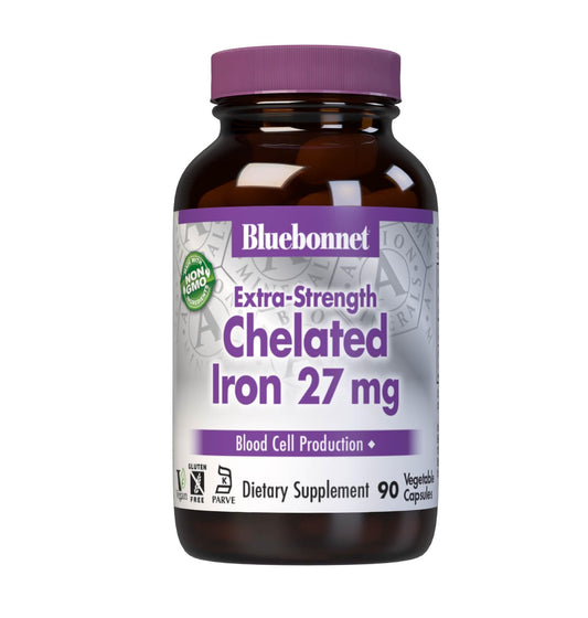 Bluebonnet Albion iron bottle front with 90 capsules for daily iron support.