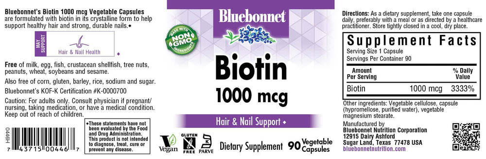 Bluebonnet Biotina 1000 mcg, uso diario, piel y uñas más sanas con una dieta equilibrada.