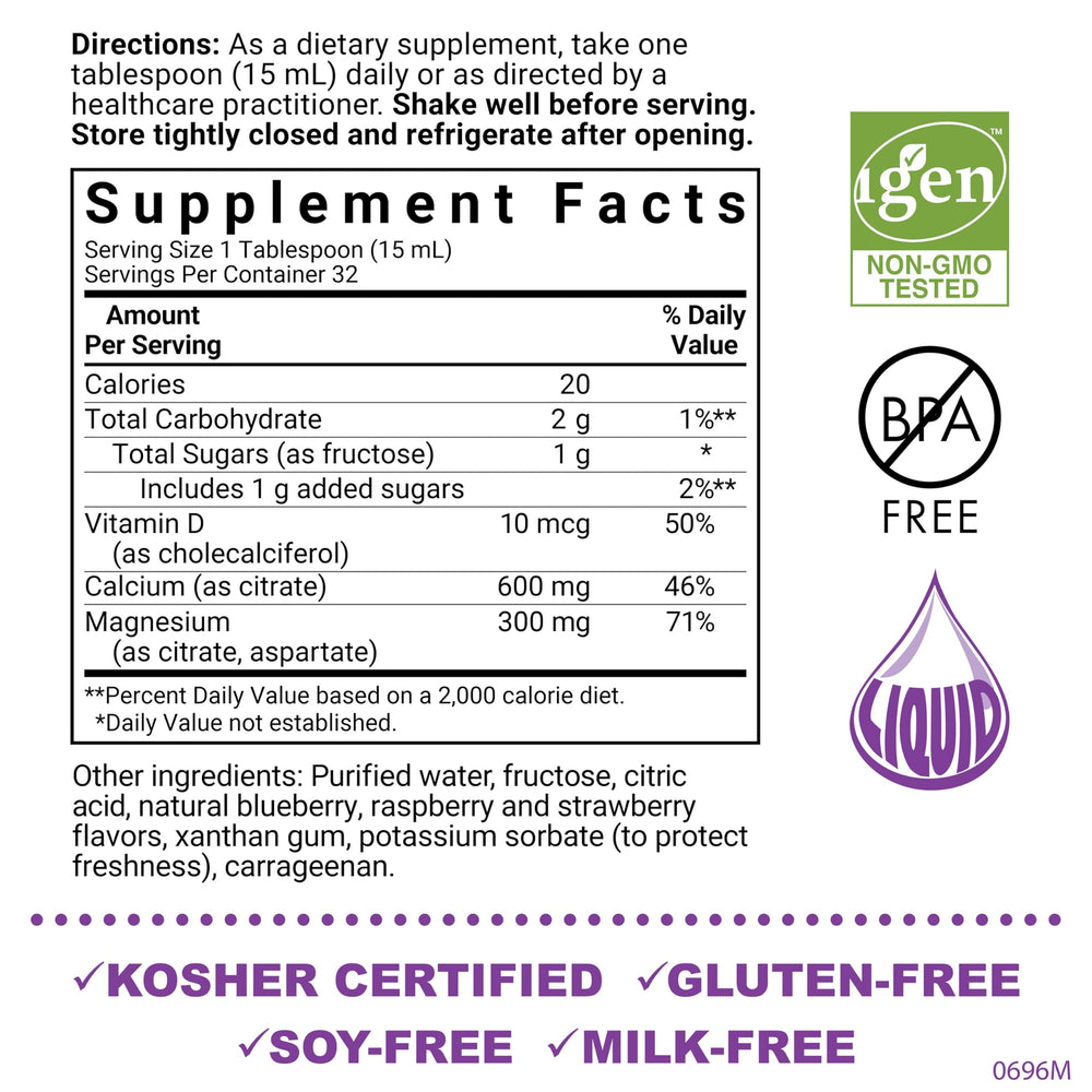 Bluebonnet calcio citrato líquido, etiqueta frutos rojos, ideal para consumo diario.