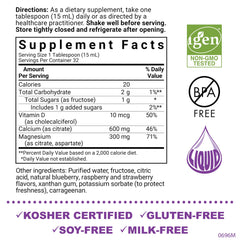 Bluebonnet calcio citrato líquido, etiqueta frutos rojos, ideal para consumo diario.