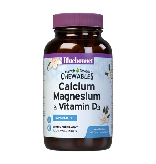 BlueBonnet Calcium Magnesium D3 EarthSweet tabletas de vainilla para apoyo óseo y relajación muscular
