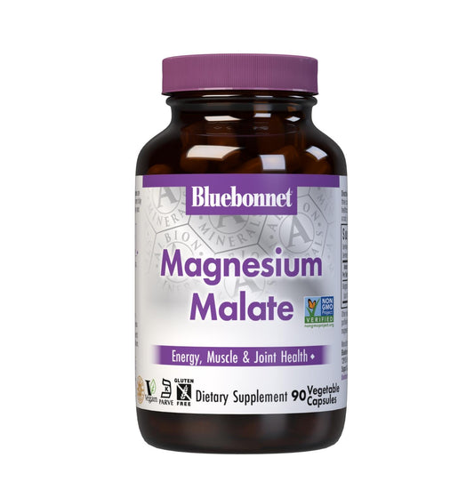 BlueBonnet magnesio malato en cápsulas vegetales para energía diaria.