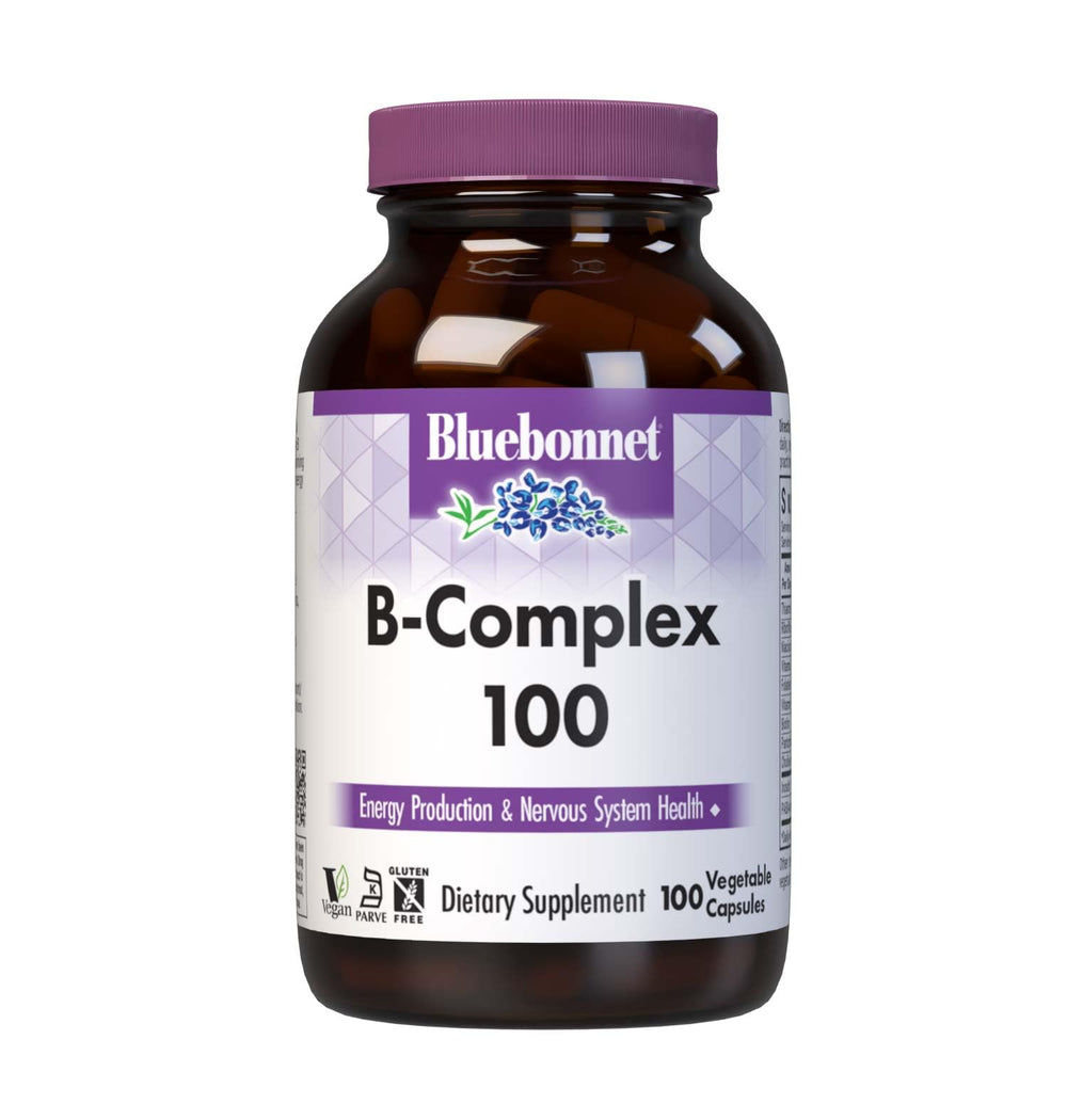 Bluebonnet B Complex envase frontal: cápsulas para energía diaria y apoyo cognitivo.