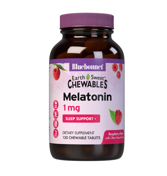 Bluebonnet EarthSweet Melatonina 1 mg tableta masticable con sabor frambuesa para relajación nocturna.