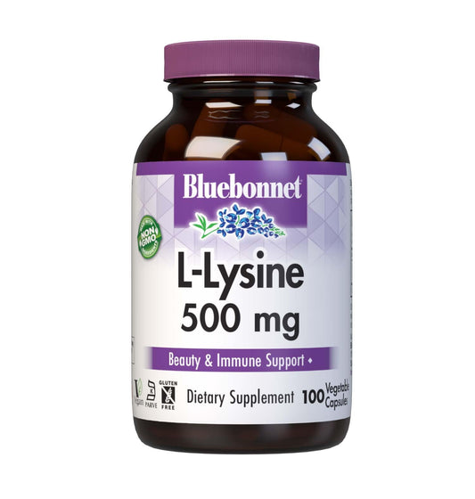 BlueBonnet L-Lisina 500 mg, frasco visible, apoya funciones normales del sistema inmunitario