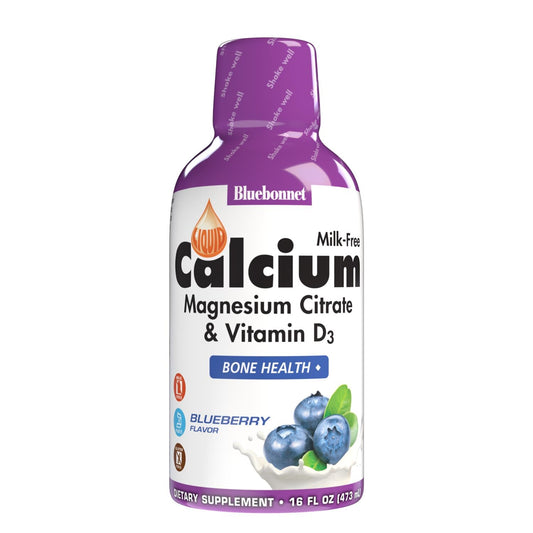Bluebonnet Liquid Calcium Citrate bottle highlighting bone health potential
