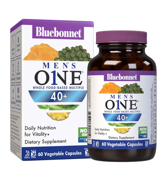 BlueBonnet Mens' One 40+ frasco de cápsulas vegetales para uso diario.
