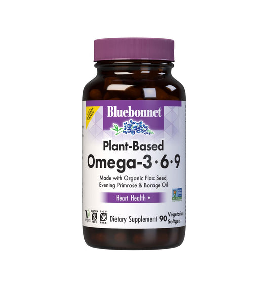 BlueBonnet Omega 3-6-9, botella prensado en frío, apoya la salud cardíaca.