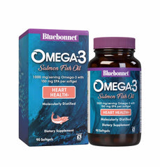 BlueBonnet Omega-3 Salmón cápsulas frente al envase, apoyo a la salud del corazón.