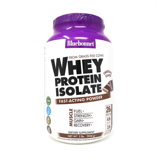 BlueBonnet proteina whey aislada chocolate, envase listo para batidos proteicos.