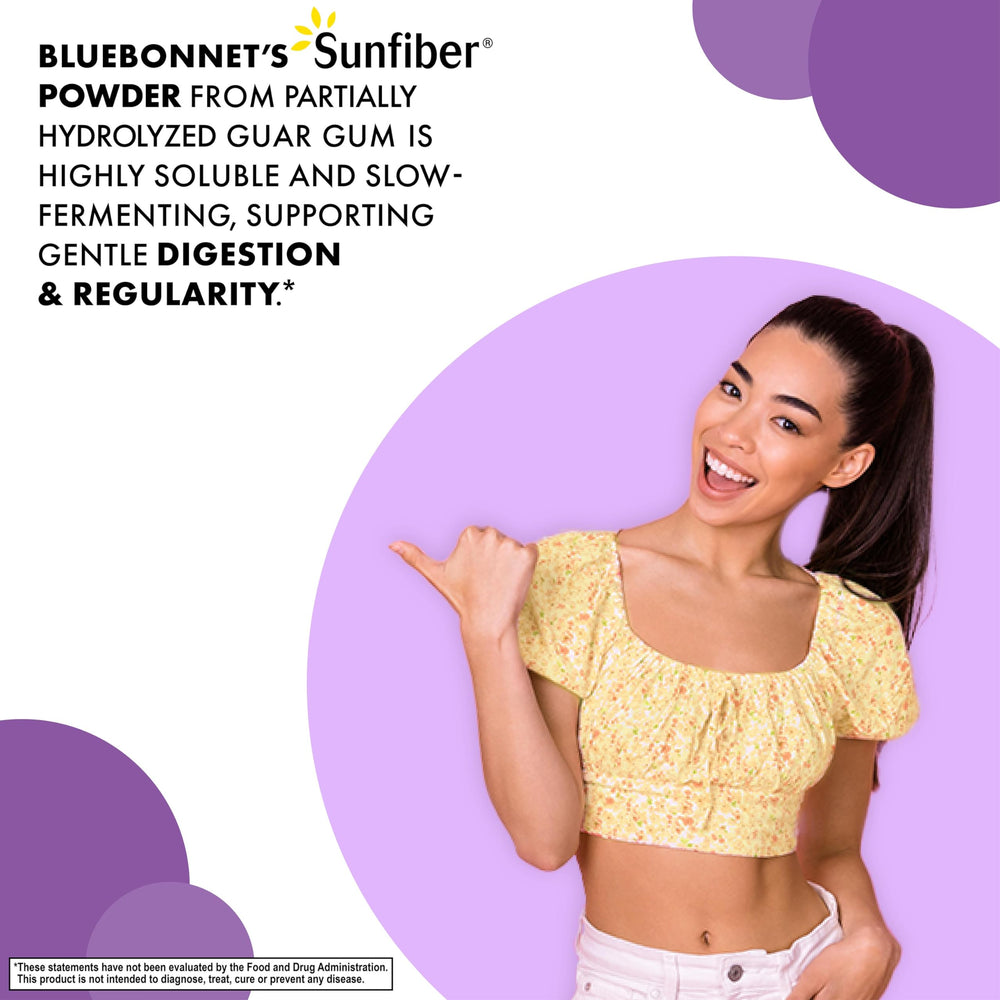 BlueBonnet Sunfiber mezclado en vaso transparente, aporta digestión más cómoda