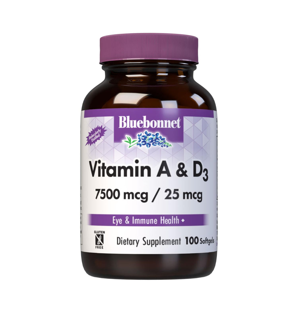 BlueBonnet Vitamina A y D3: botella de cápsulas para soporte de la salud ocular.