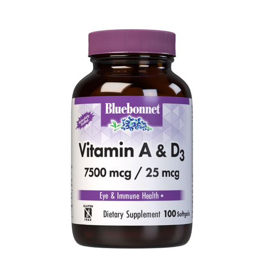 BlueBonnet Vitamina A y D3: botella de cápsulas para soporte de la salud ocular.