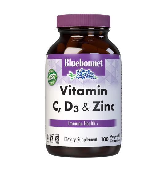 BlueBonnet Vitamina C, D3 y Zinc: etiqueta frontal que sugiere apoyo inmunitario.