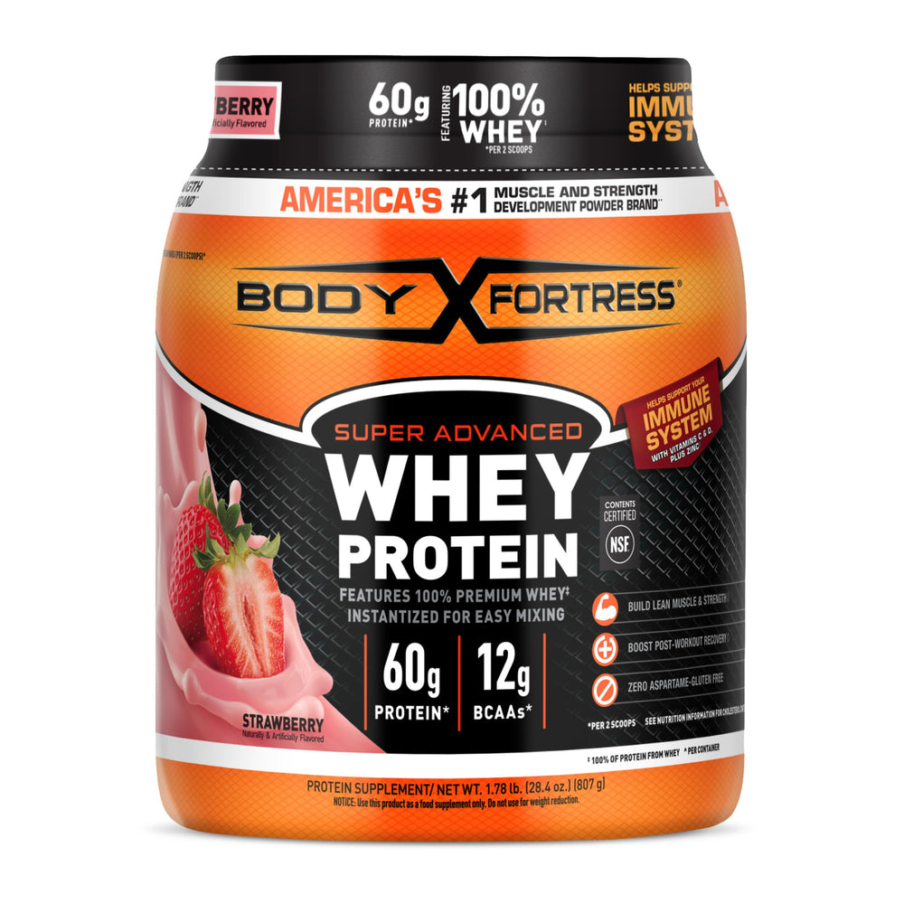 Body Fortress envase frontal fresa mostrando etiqueta y beneficio proteico