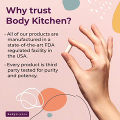 Body Kitchen frasco junto a objetos para comparar tamaño, guía de porciones