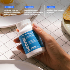 Persona sosteniendo BodyBio TUDCA antes de tomarla, apoyo digestivo práctico
