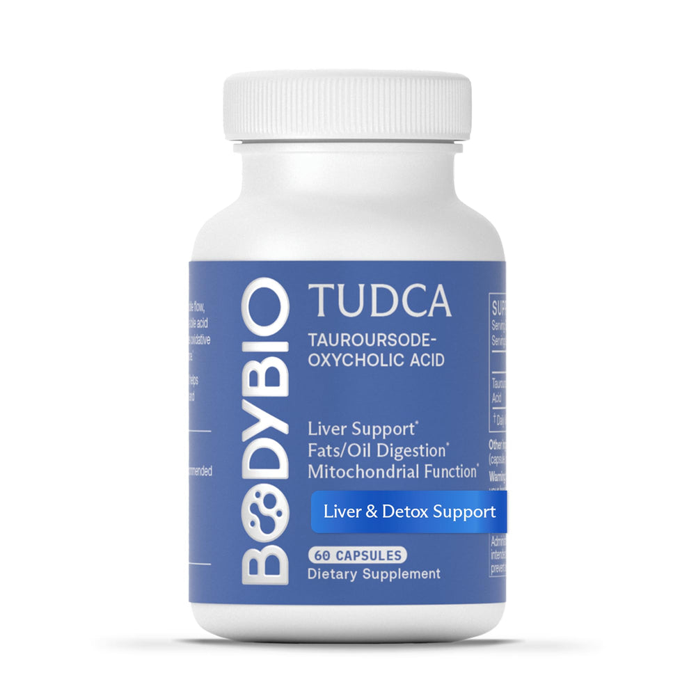 BodyBio TUDCA envase frontal mostrando diseño y dosis 250 mg, calidad clara