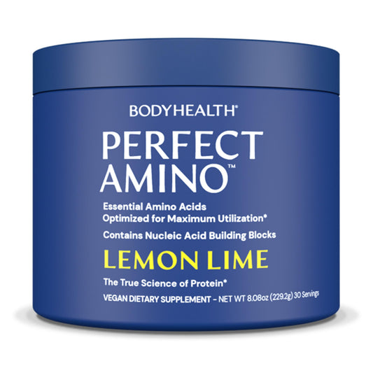 BodyHealth envase PerfectAmino limón-lima destacando tamaño y marca