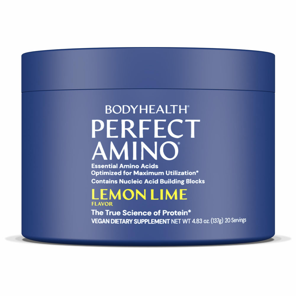 BodyHealth PerfectAmino frente del envase mostrando etiqueta y sabor limón-lima, beneficio conveniencia