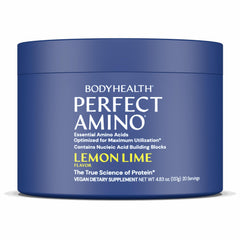 BodyHealth PerfectAmino frente del envase mostrando etiqueta y sabor limón-lima, beneficio conveniencia