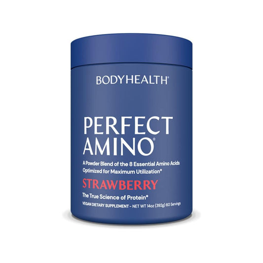 BodyHealth envase PerfectAmino fresa vista frontal y diseño claro