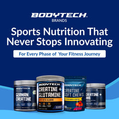 Comparación del envase BodyTech junto a objetos cotidianos para apreciar tamaño real