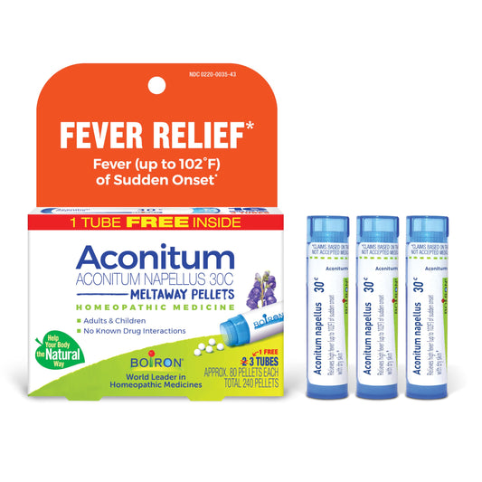 Boiron Aconitum Napellus 30C, tubo dispensador, alivio rápido para fiebre leve.
