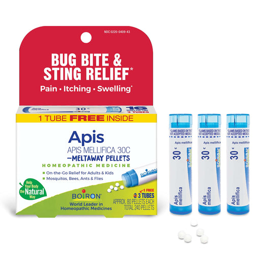 Boiron Apis Mellifica 30C: pellets en botella para alivio de molestias leves por picaduras.