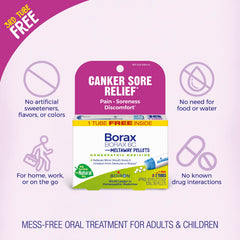 Boiron Borax pelletes cerca mostrando forma y facilidad de disolución