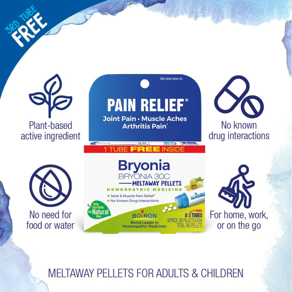 Boiron Bryonia pellets primer plano que muestra textura y fácil disolución bajo lengua