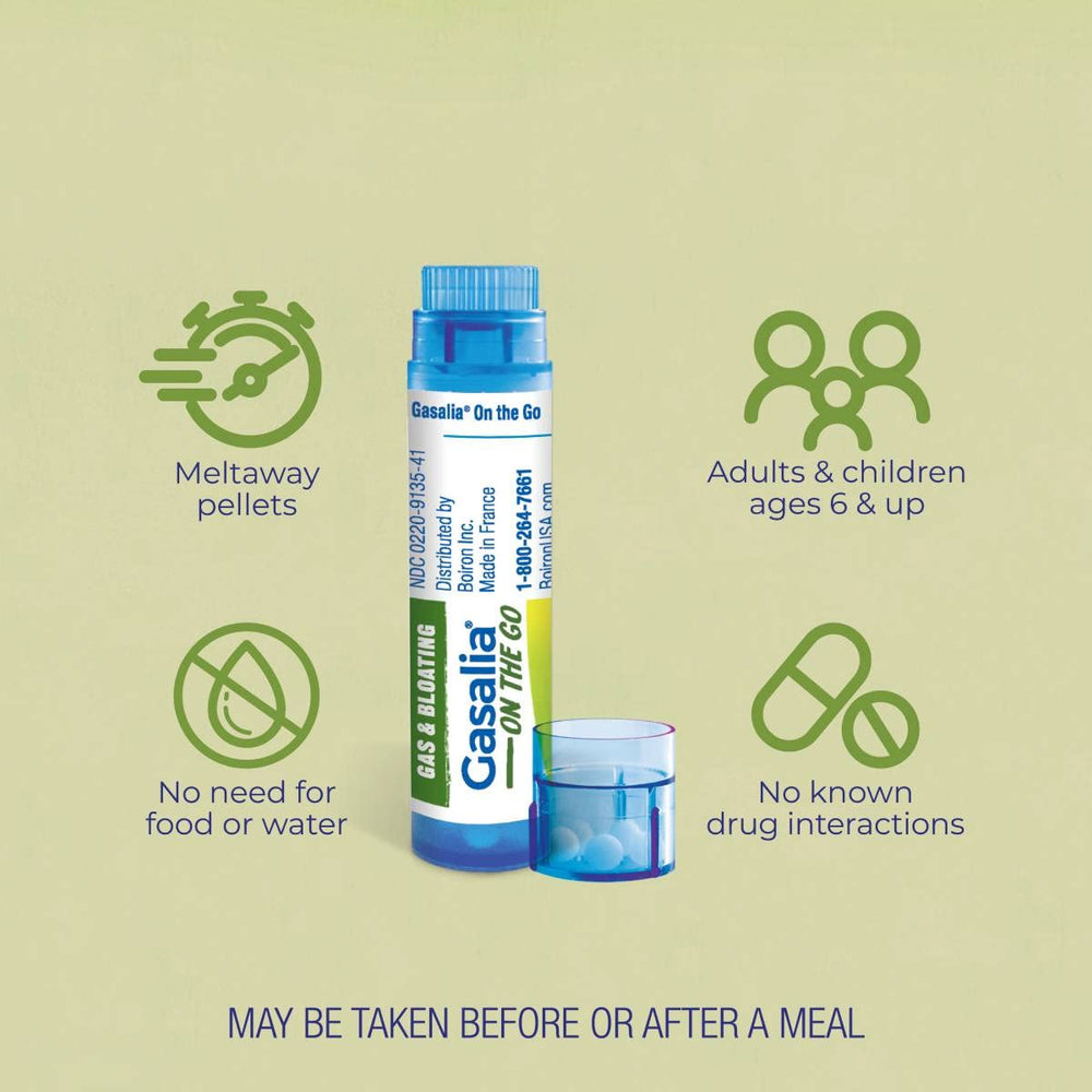 Boiron Gasalia On the Go: solución portátil para molestias estomacales durante viajes.