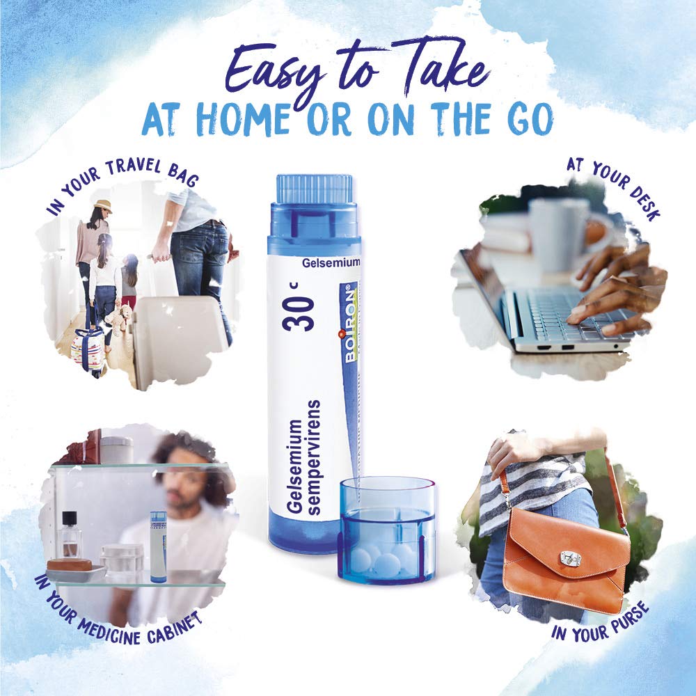 Boiron Gelsemium 30C, empaque con tres tubos para llevar