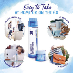 Boiron Gelsemium 30C, empaque con tres tubos para llevar