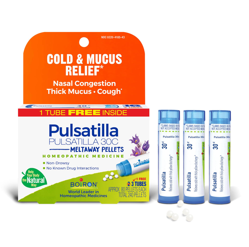 Boiron Pulsatilla 30C, pellets que se disuelven bajo la lengua para alivio cómodo.