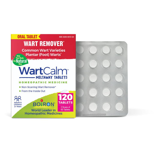 Boiron empaque frontal mostrando WartCalm y beneficio discreción