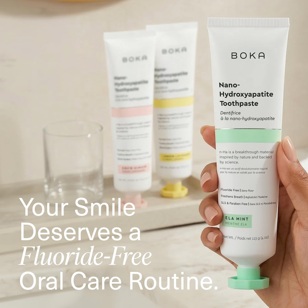 Detalle de la lista de ingredientes de Boka resaltando la nano-hidroxiapatita y sin flúor