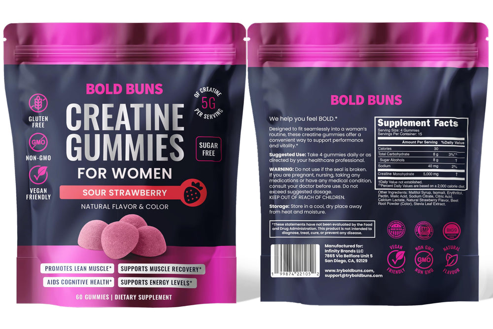 Bold Buns gomitas en bolsa de gimnasio ilustrando uso en estilo de vida activo