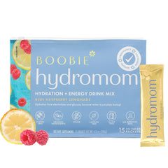 Boobie Hydromom empaque frontal mostrando 15 sobres y beneficio práctico