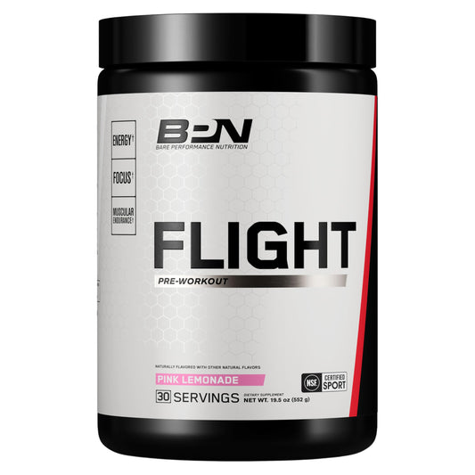 BARE PERFORMANCE NUTRITION Flight envase frontal rosa limón mostrando marca y beneficios